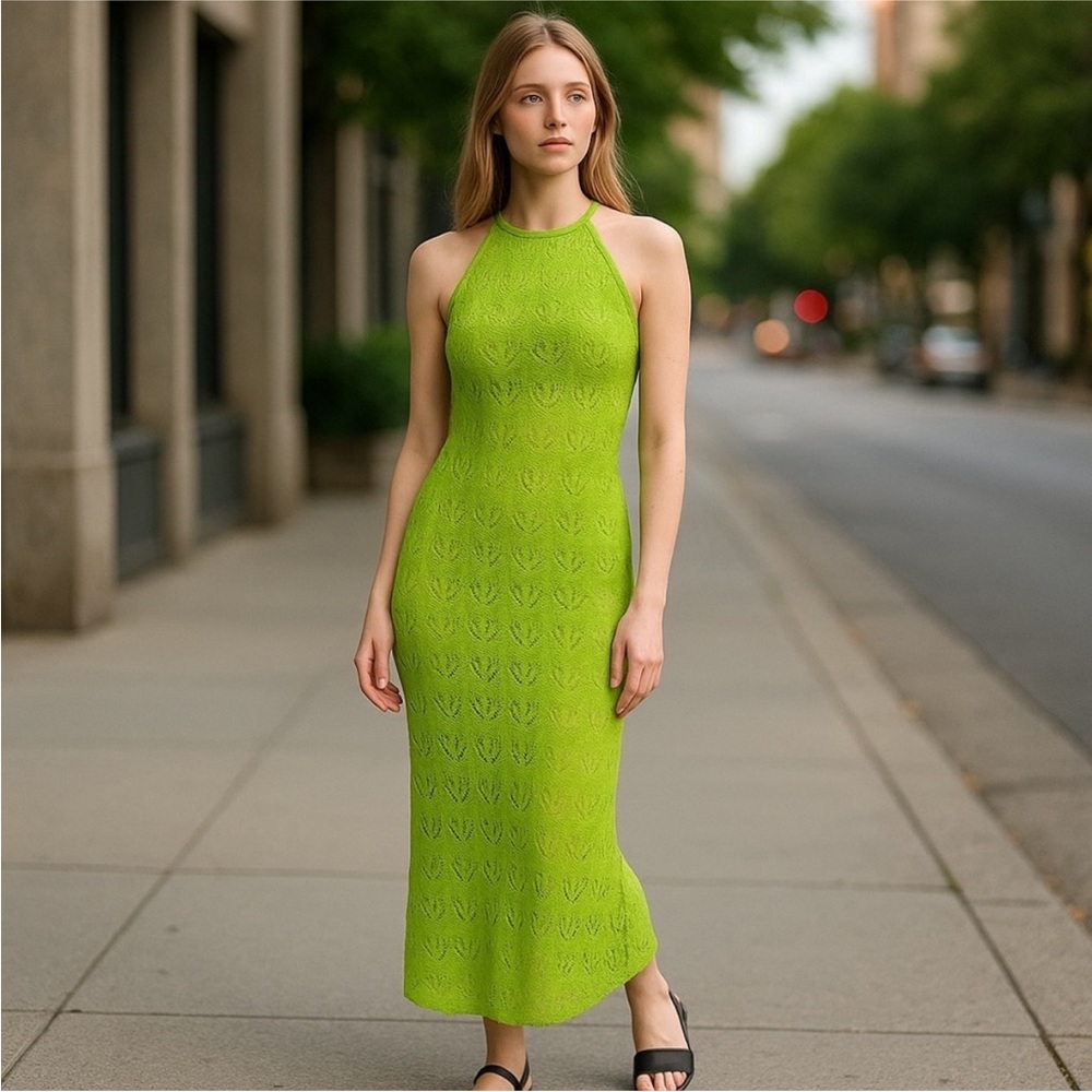 NWT House of Harlow Crochet Maxi Dress Cut Out Back Bright Green M S